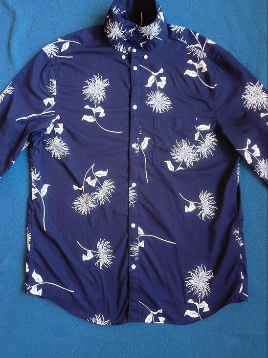 H&M Other - H&M Navy Blue Button-Down Shirt with White Floral Print